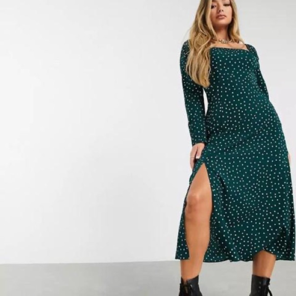 ASOS DESIGN Curve Green Polka Dot Square Neck Midi Dress Side Slit - Size US 12